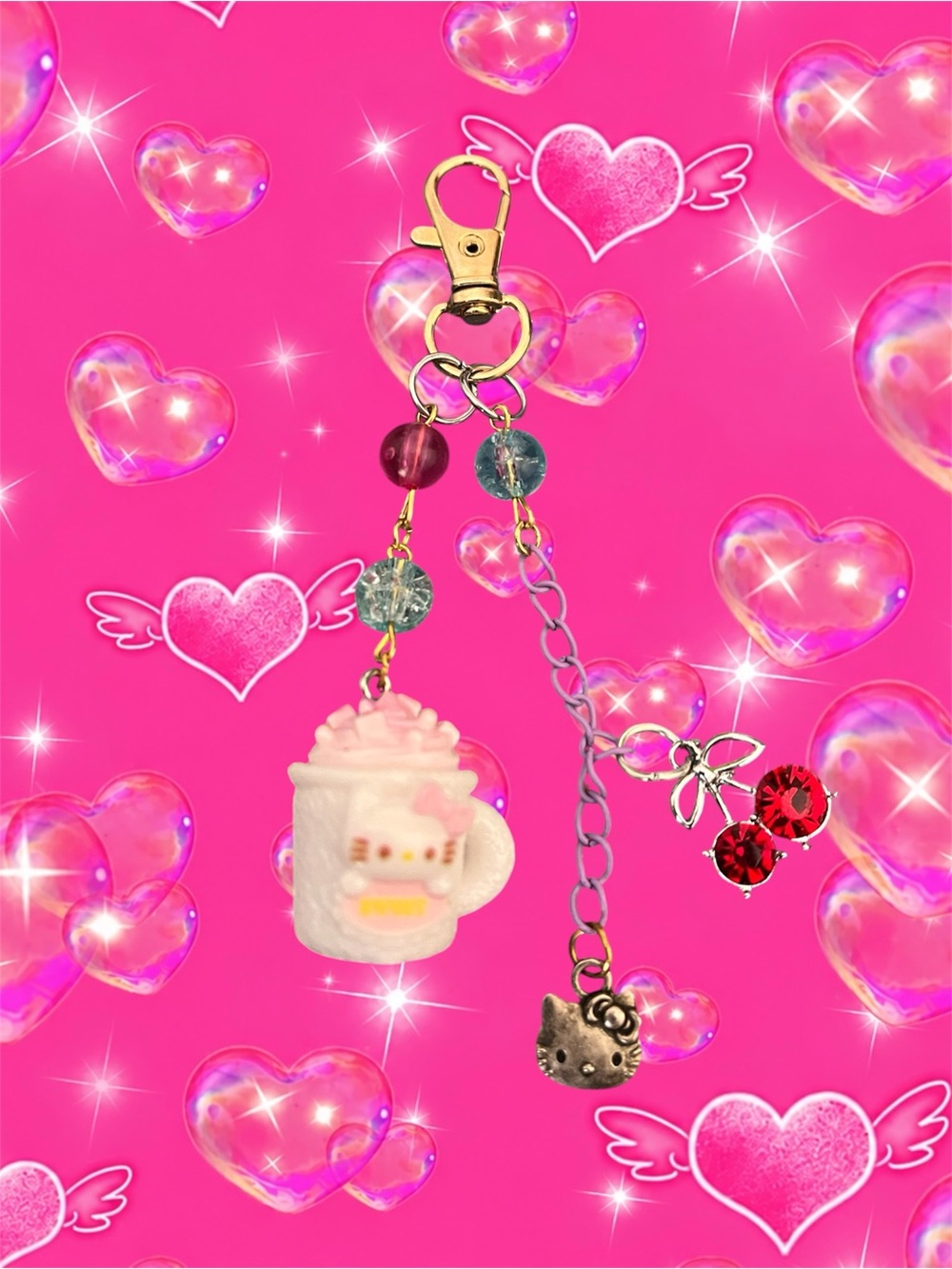 Hello Kitty Pink, Red & Gold Hot Cocoa Charm Keychain